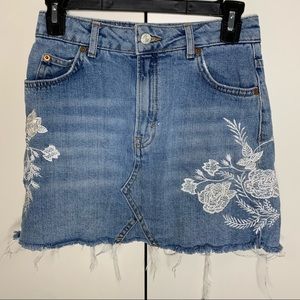 Topshop Moto Embroidered Floral Denim Jean Skirt